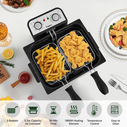 Black Stainless-Steel Deep Fryer with 1.5L to 6L Options, Enamel Inner Pot and Foldable Basket Handle
