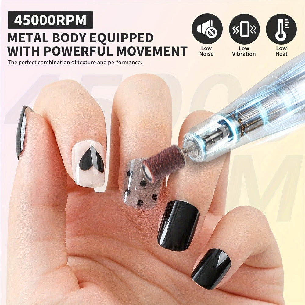 Electric Nail Drill Machine 45000RPM with LCD Display — Rechargeable Cordless E-File Professional High-Speed Nail Sander for Acrylic Gel Polish Natural Nails, Salon & Home Manicure Pedicure Tool