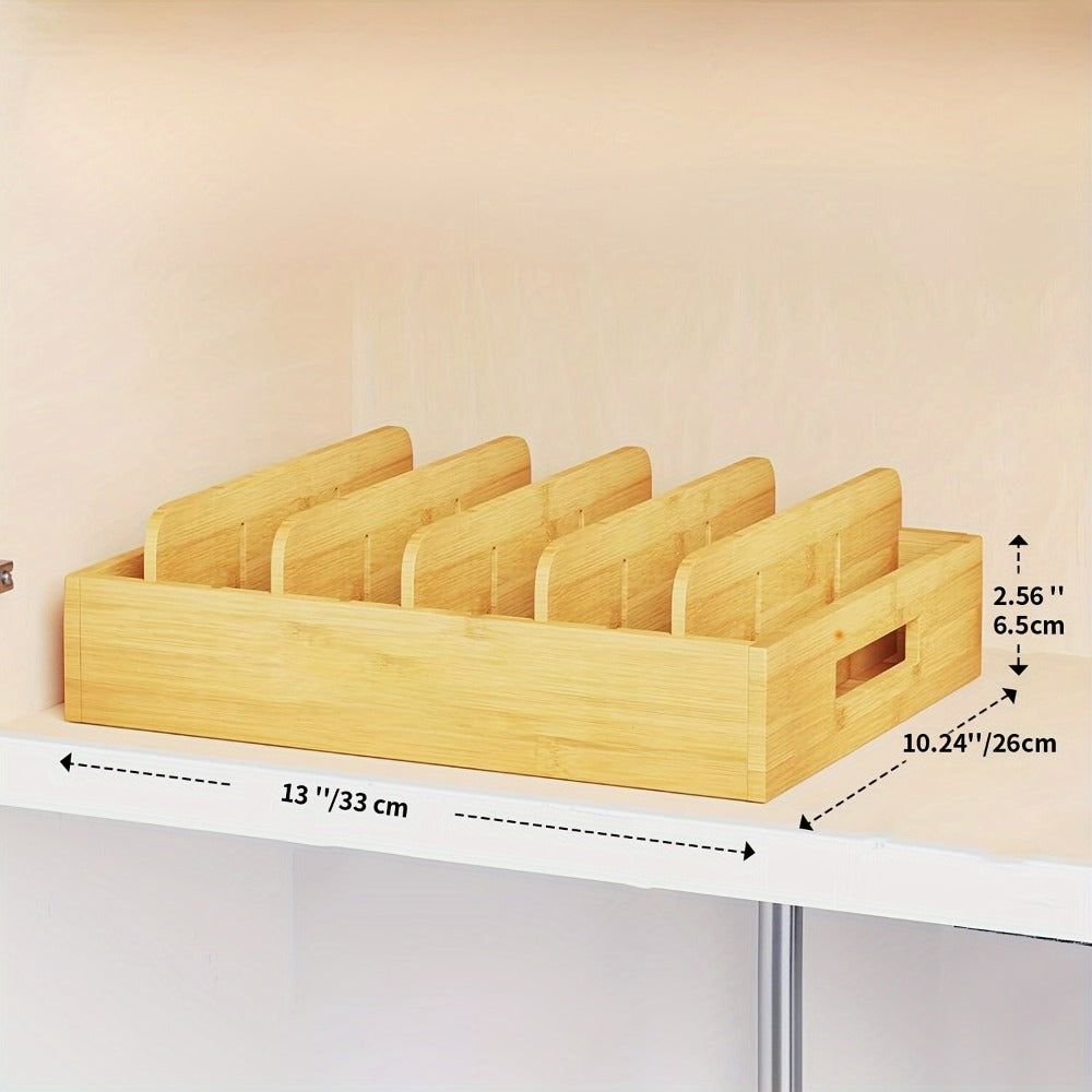 Bamboo Lid Organizer for Kitchen Cabinet with 5 Adjustable Dividers - Tupperware Lid Holder for Food Container Lids