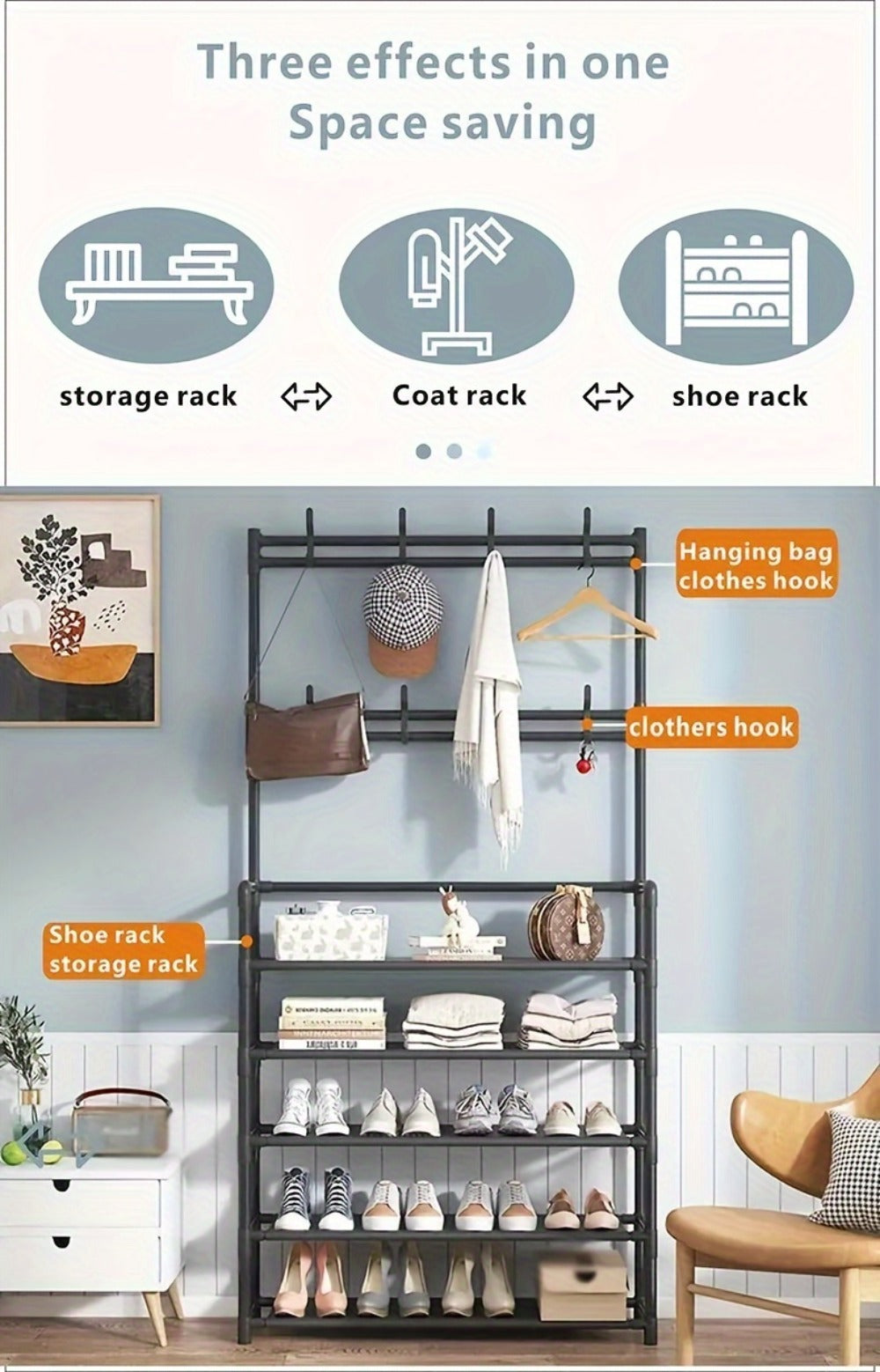 Shoe Rack Floor-Standing Organizer with 8 Double Hooks and 3-Layer or 5-Layer Black Options