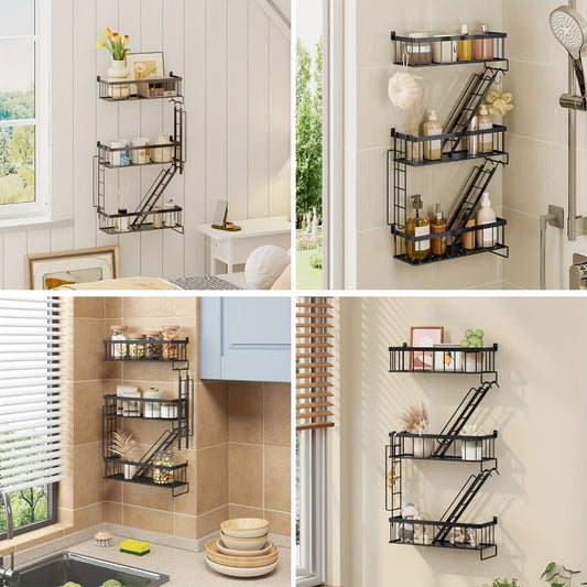 Floating Wall Shelf 3 Tier Black Metal Ladder Shelf - Fire Escape Decorative Wall Shelves for Bedroom, Bathroom, Home Office Storage and Display, Room Decor, Wall Art Shelf