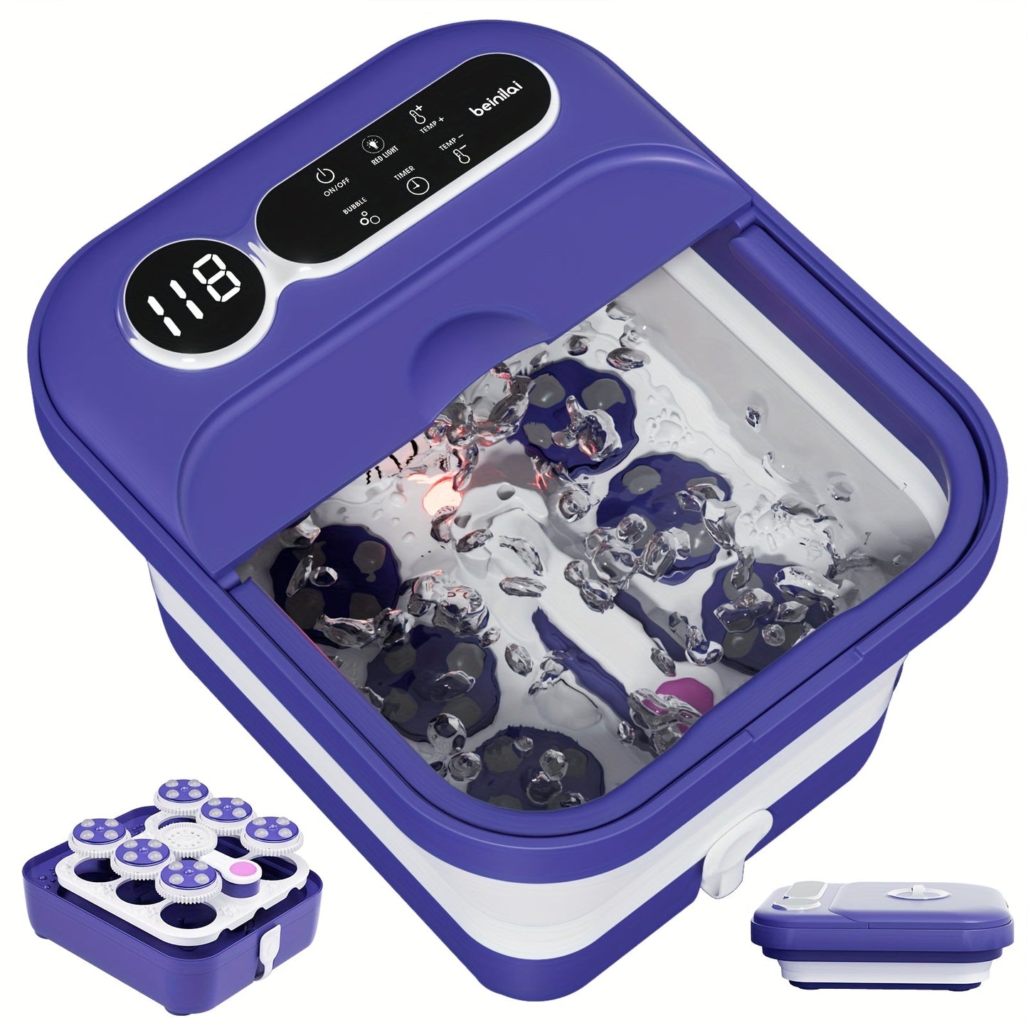 Collapsible Foot Spa with Heater, Temperature Control, Bubbles, Six Rollers and Two Color Options