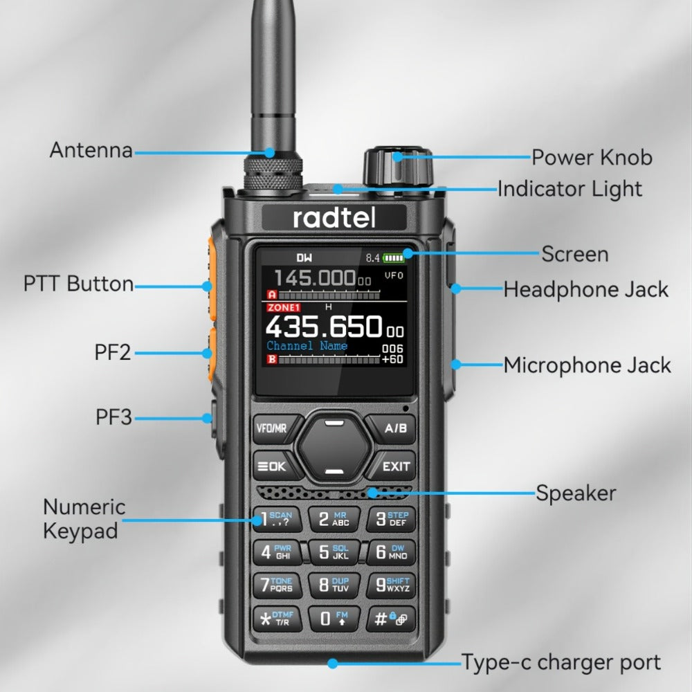 Tri-Band Ham Radio Handheld Walkie Talkie Radtel RT-910B, 6M VHF UHF Air Band Two-Way Radio, APP Programming