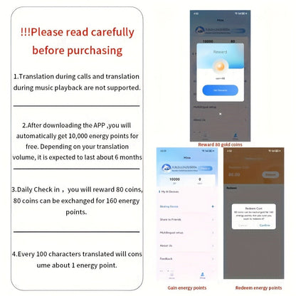 144-Language AI Real-Time Translation Earbuds, Two-Way Interpreter Earphones USB & Battery Rechargeable with Carrying Pouch, for Travel Business Shopping Learning Language Study