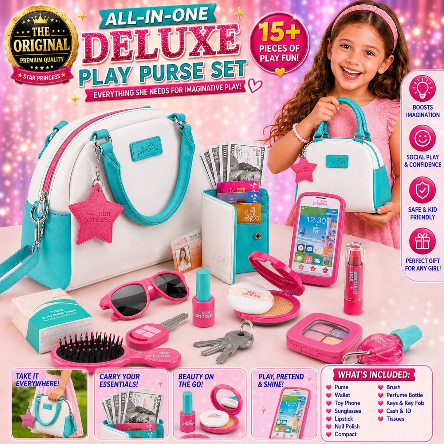 Girls Pretend Play Purse Set for Kids Ages 3-8 – 18+ Piece Princess Handbag with Toy Phone, Makeup, Wallet, Credit Cards & Keys, Role Play Accessories Birthday Christmas Gift for Girls