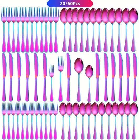 Flatware Set for 12, 60-Piece 304 Stainless Steel Cutlery Set with Mirror Polish & Titanium Plated Finish — Dishwasher Safe Silverware with Knife, Fork & Spoon | Silver, Gold & Rainbow