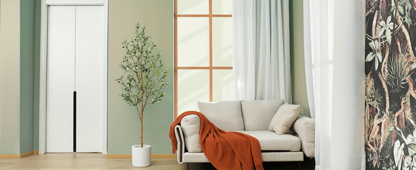 Slender Potted Olive Artificial Tree with Complete 4, 5, 6 and 7 ft Height Options and Faux Fruit Detail