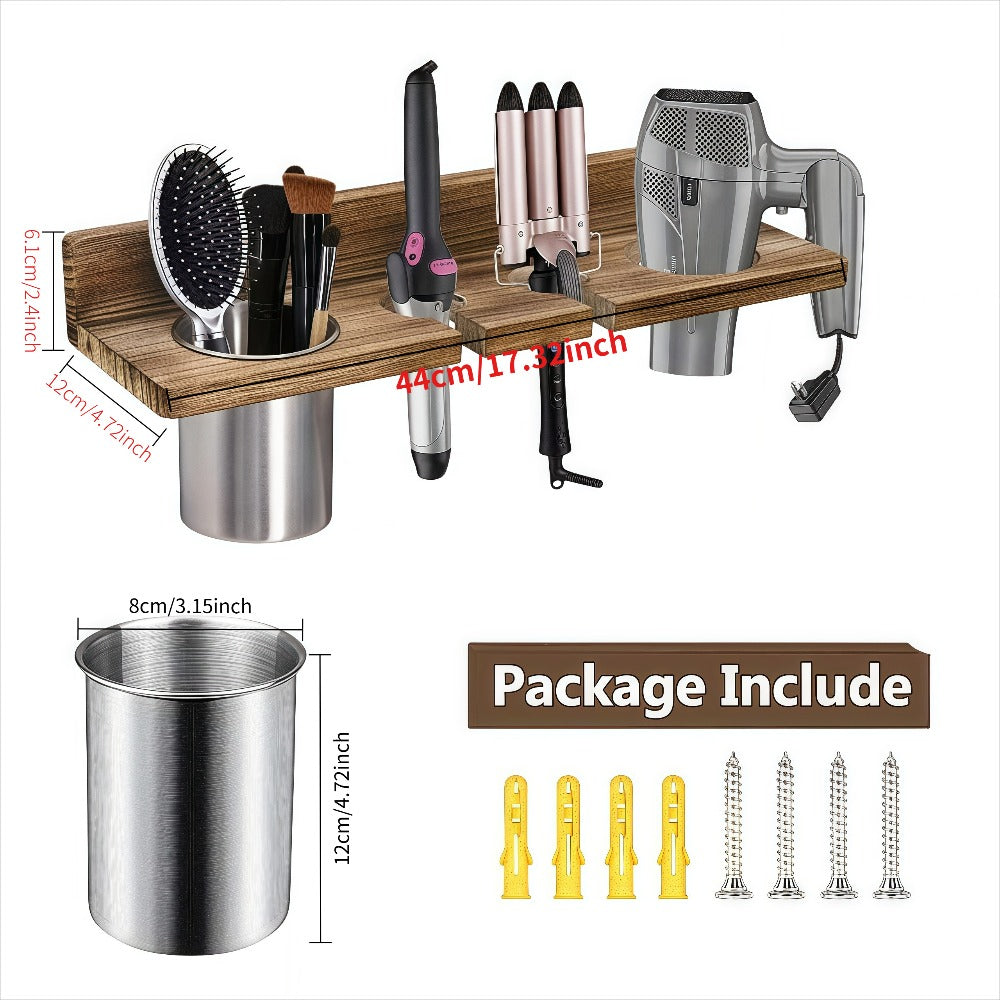 Wall-Mounted Wooden Hair Tool Organizer with Holder for Hair Dryer, Curling Iron and Brushes in Two Colors