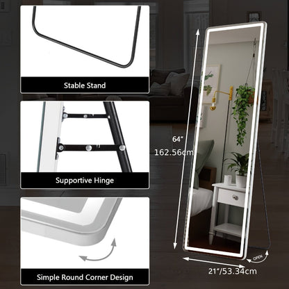 Full Length Mirror Floor Standing with LED Light - Arched & Rect Aluminum Frame Dressing Mirror for Bedroom Living Room, Black/Golden/White