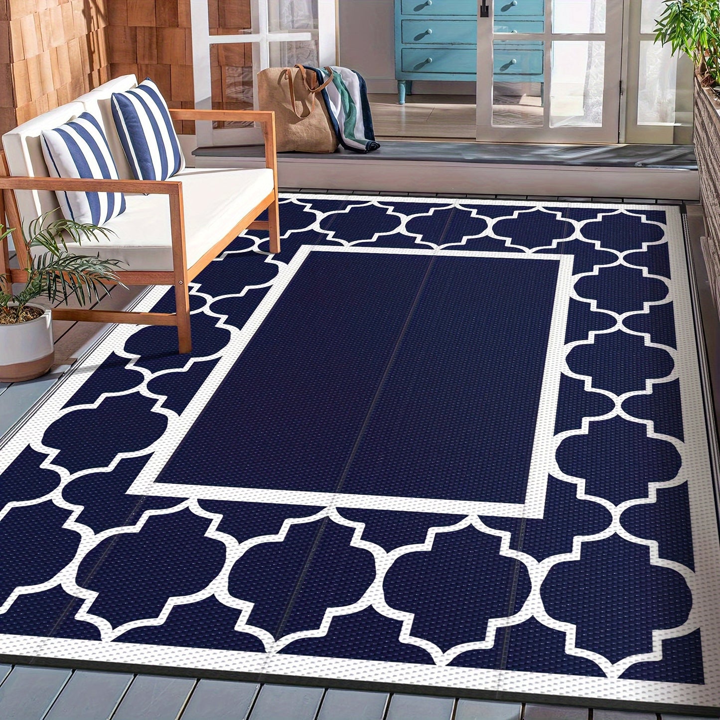 Reversible Outdoor Rug in Multiple Geometric, Border and Leaf Patterns with Displayed Sizes from 5 x 8 to 9 x 12 Feet