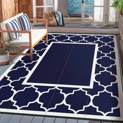 Reversible Outdoor Rug in Multiple Geometric, Border and Leaf Patterns with Displayed Sizes from 5 x 8 to 9 x 12 Feet