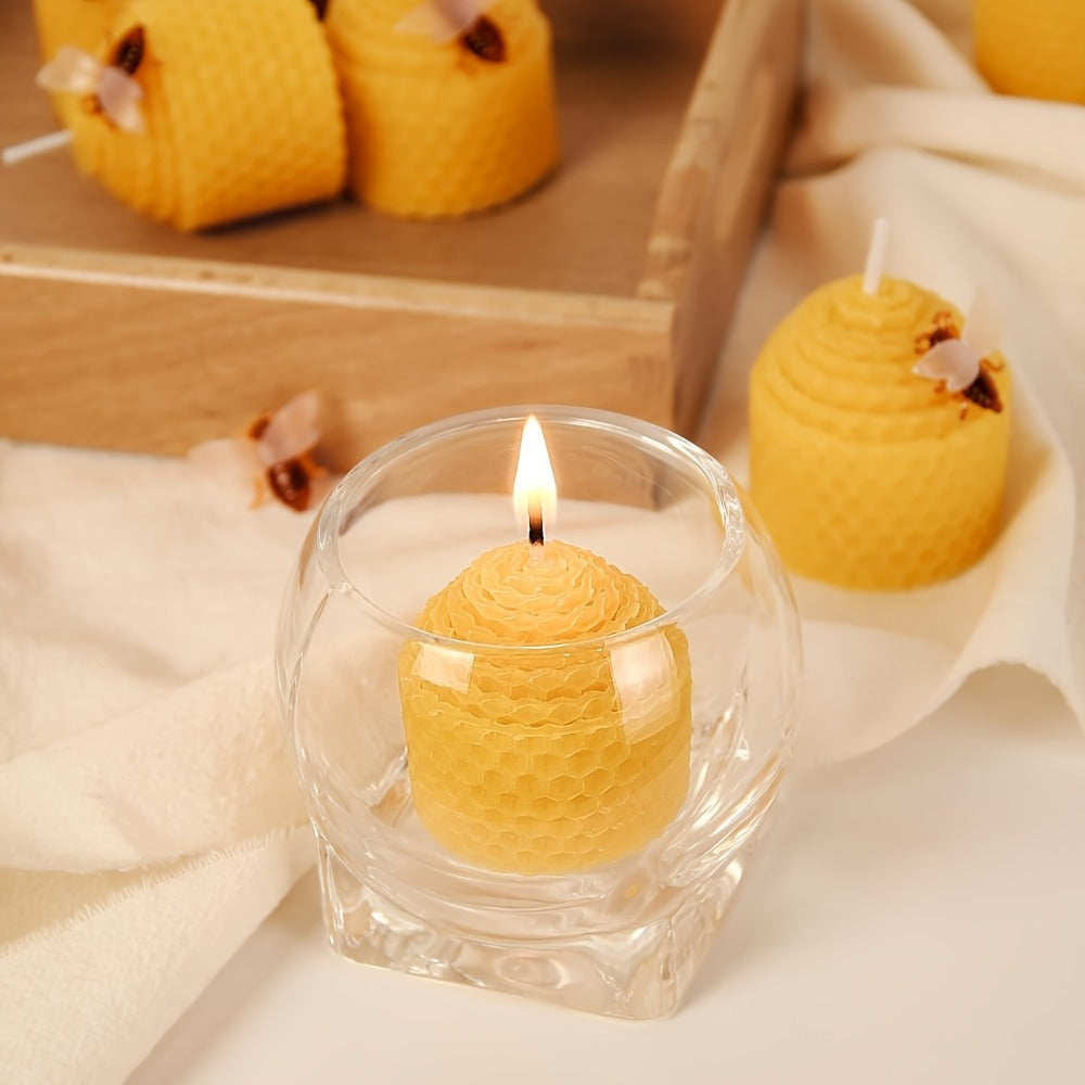 Beeswax Candles Set - Natural Pure Beeswax Votive Candles with Bee Decorations, Handcrafted from Beekeepers
