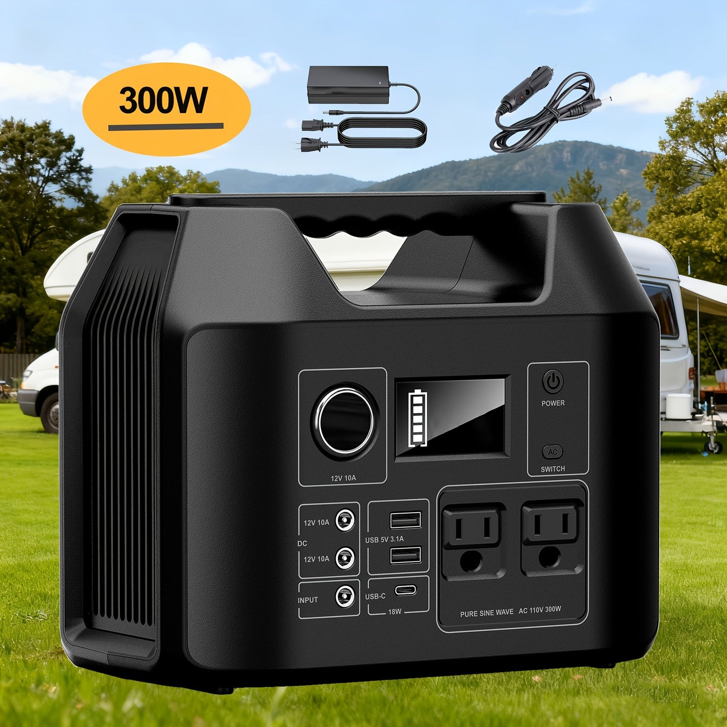 Portable Power Station with 146Wh or 300W Source Configurations, AC, DC, USB and LED Light
