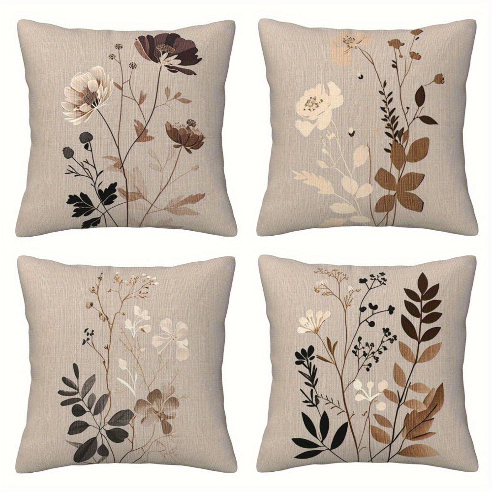 Neutral Botanical Throw Pillow Covers, Four-Piece 18 x 18-Inch Set with Beige, Brown and Gray Floral Prints