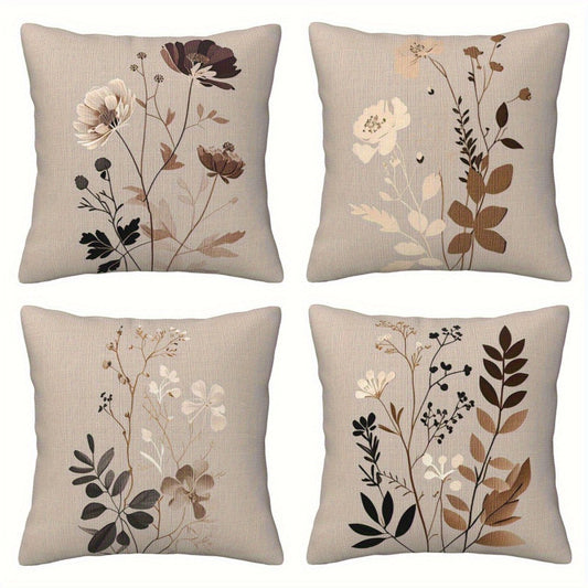 Throw Pillow Covers 18x18 Set of 4 - Floral Botanical Square Cushion Cases Beige Brown Gray | Zipper Closure Machine Washable Decorative Pillows for Living Room Bedroom Sofa Couch Contemporary Decor