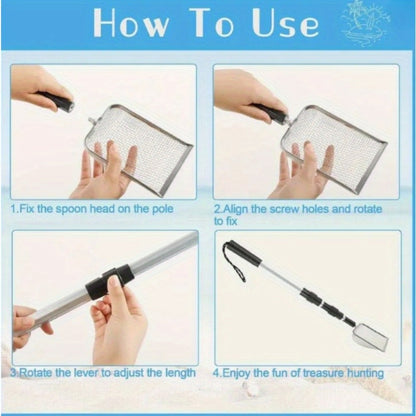 Telescopic Stainless Steel Beach Sand Sifter Scoop with Three-Section Handle, 1- or 2-Piece Options