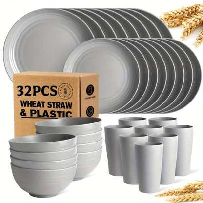 Wheat Straw Dinnerware Set 16 or 32 Piece – Plates & Bowls for 4 or 8 People, Microwave & Dishwasher Safe Plastic Dish Set, Lightweight Colorful Tableware for Home, Party & Holiday