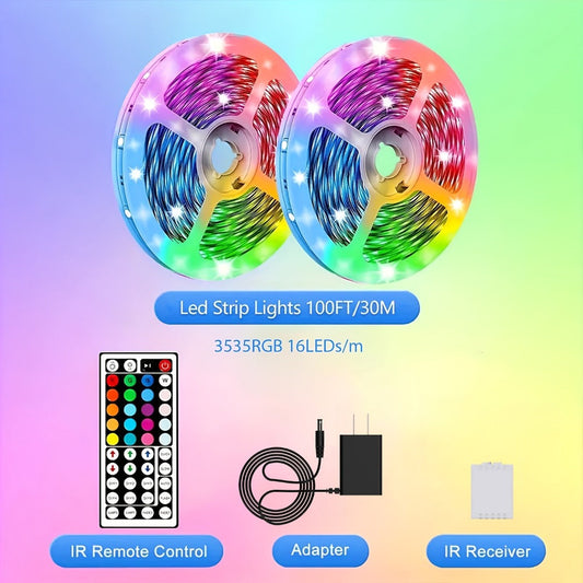 LED Strip Light RGB 100ft Two-Roll Kit with 44-Key Remote, Included Power Supply and Adhesive Backing