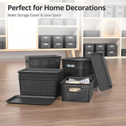 Storage Organizer Bins with Lids 4/8 Pack | Space-Saving Stackable Boxes 10"x7"x4" for Shelves, Closet & Desk - Declutter Bins for Dorm, Playroom & Office with File Organizer Bag, White Black Gray Red