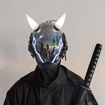 Pink LED Cyberpunk Costume Mask with Horned Full-Face Helmet, Reflective Visor and Lighted Accent Lines