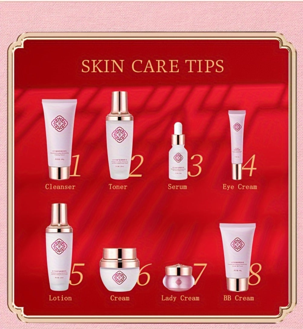 10-Piece Botanical Skincare Gift Set with Coordinated Bottles, Jars and Tubes in a Pink Presentation Box