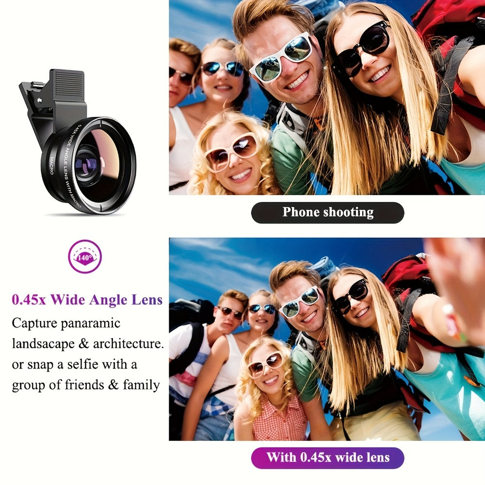 Two-in-One Universal Clip-On Smartphone Camera Lens with 0.45x Wide Angle and 12.5x Macro Optics