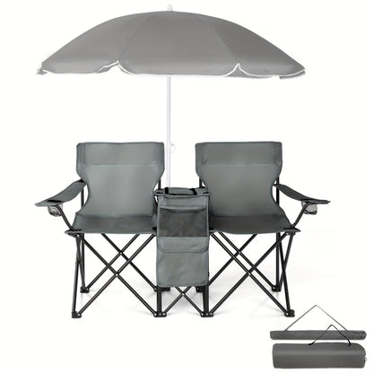 Portable Folding Chair with Removable Sun Umbrella - 2-Seat Outdoor Foldable Chair, Steel Frame Oxford Fabric, Lightweight Sun Shade Seat for Fishing Beach Camping Sunbathing Outdoor Activities