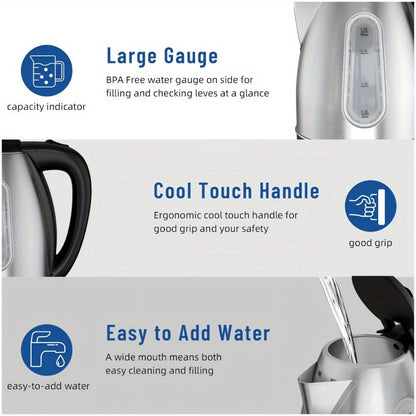 Electric Kettle Stainless Steel 1200W Fast Boil with Water Window - 60.87oz BPA-Free Auto Shut-Off Electric Tea Kettle for Tea Coffee Hot Water, Quiet Boil Cordless Kitchen Kettle Gift