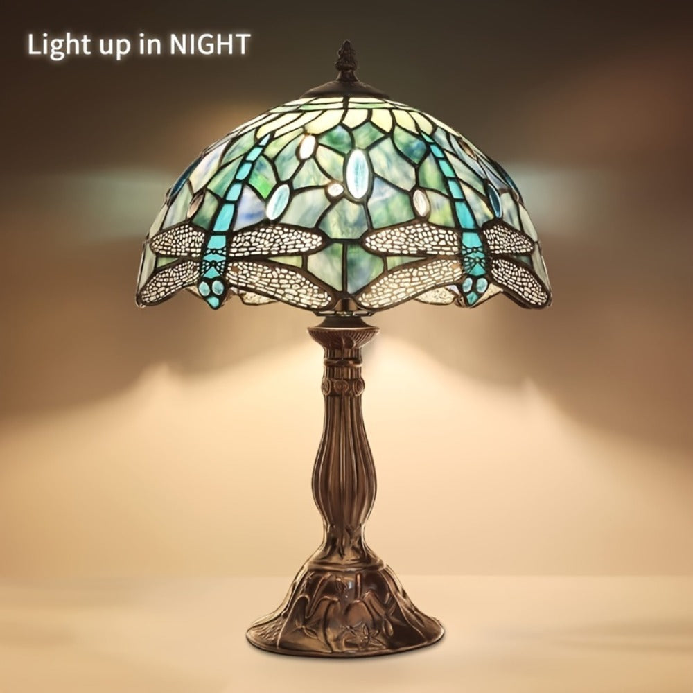 Table Lamp with Dragonfly-Motif Stained Glass Shade, 18-Inch Metal Base and Single Corded Tiffany-Style Design