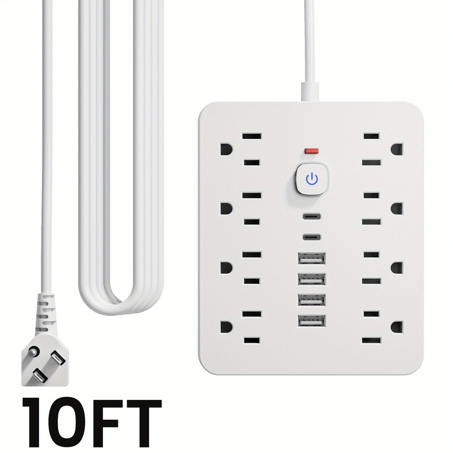 Power Strip Flat-Plug Wall-Mount 14-in-1 with 8 AC Outlets, 4 USB-A, 2 USB-C and 5- or 10-Foot Cord