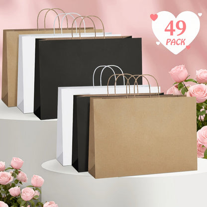 49-Piece Large Paper Shopping Bag Set with Reinforced Handles in White, Brown or Black for Gifts and Retail