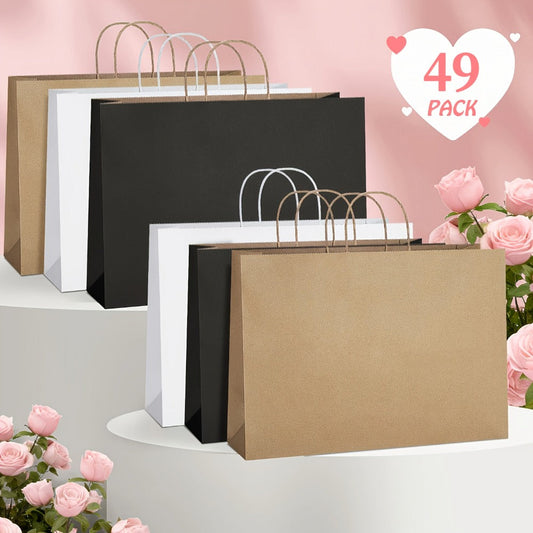 Shopping Bags with Handles 49pcs | 16x6x12 Inch Large Retail Gift Bags Bulk | Clothing Boutique Bags for Birthday, Wedding, Mother's Day, Teacher's Day, Anniversary, Craft Exhibition | White, Brown, Black