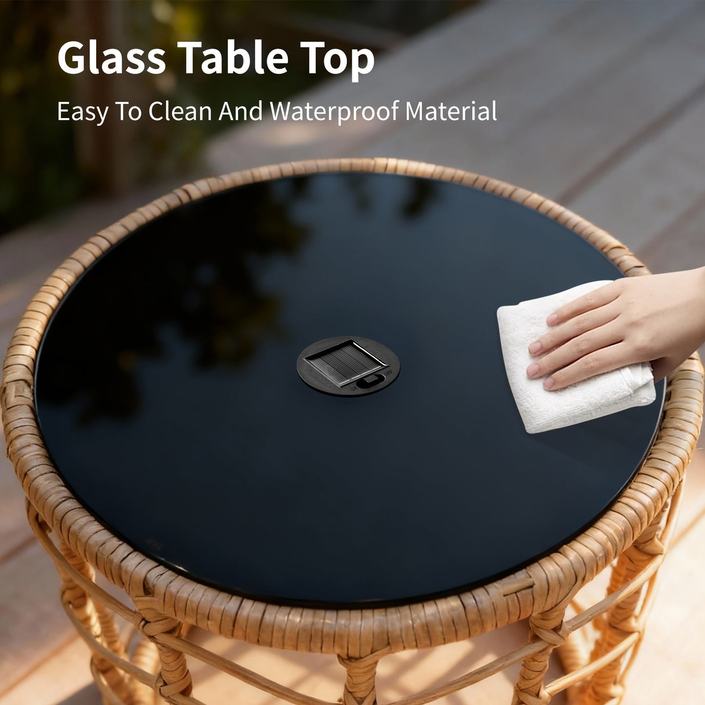 Outdoor Side Table Set of 2 Nesting PE Wicker Frames with Tempered Glass Tops for Patio or Balcony Layouts