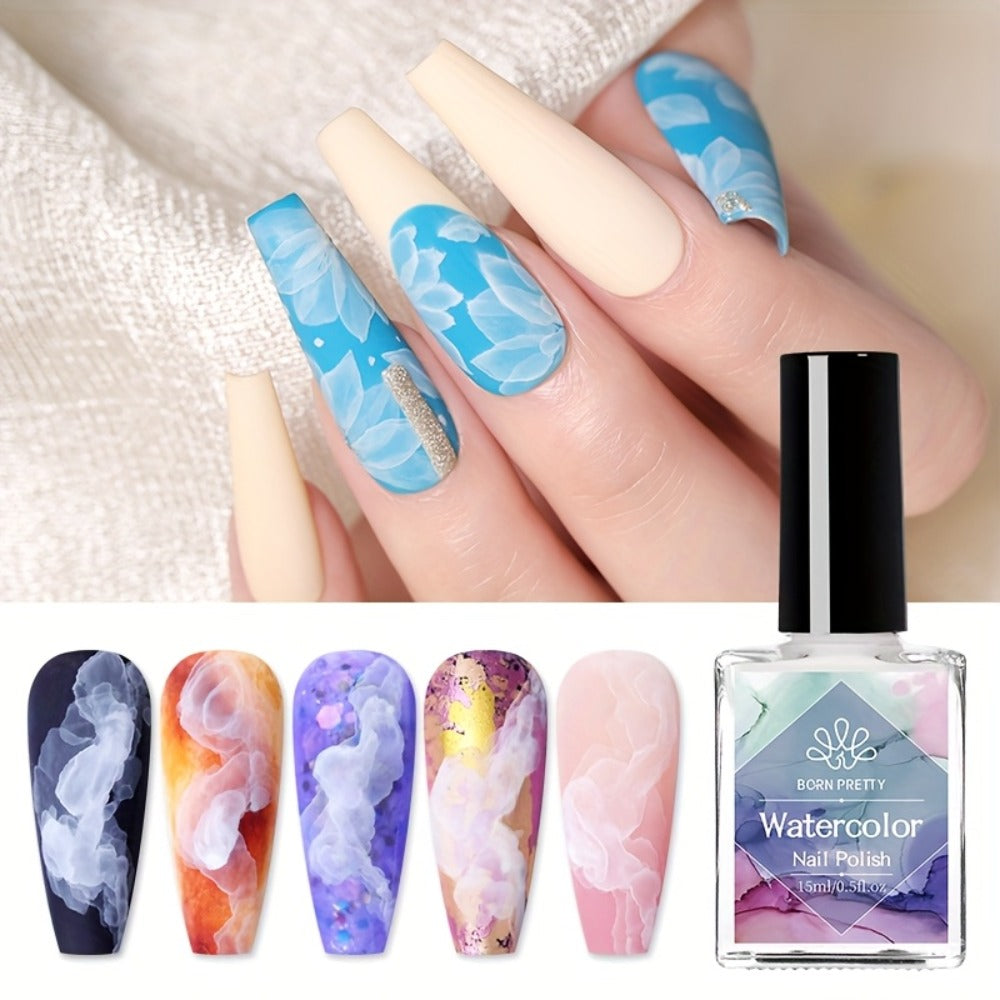 Gel Nail Polish – Blooming White Watercolor Gradient Flower Effect — Semi-Permanent Soak-Off LED UV Nail Art Ink, Floral Marble Manicure…