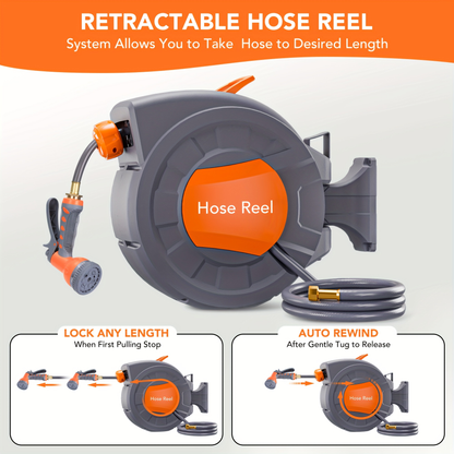 65-Foot Retractable Garden Hose Reel with 180° Swivel Wall Mount, Auto-Rewind and 9-Pattern Spray Nozzle