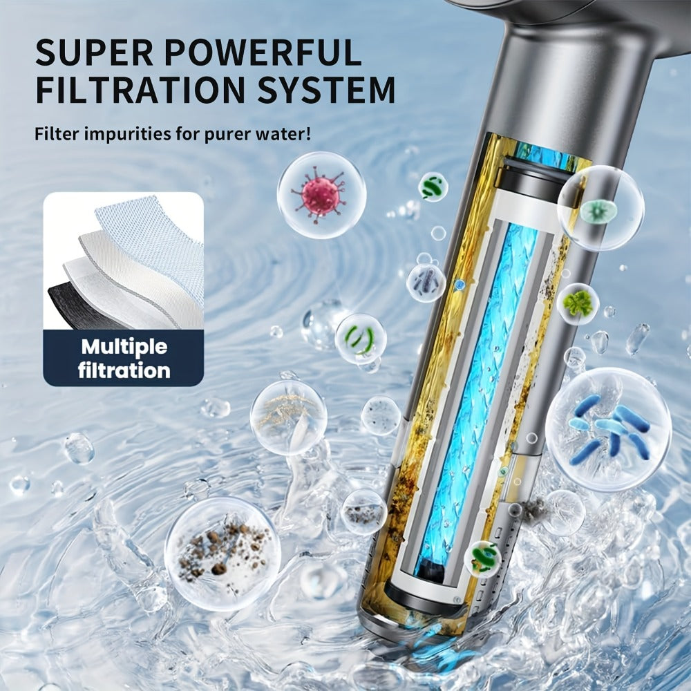 Four-Piece High-Pressure Wall-Mount Shower Head Set with Turbine Spray, Six Filters and 68-Inch Hose