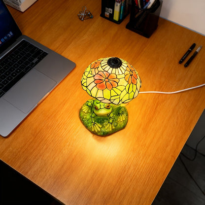 Table Lamp with 3D Frog Base, Floral Art-Glass Shade and Single Corded Decorative Design for Bedside Decor