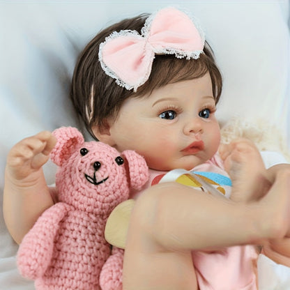 Reborn Doll, Soft-Body Sleeping Figure with Hand-Painted Details, Purple Bows and Floral Outfit