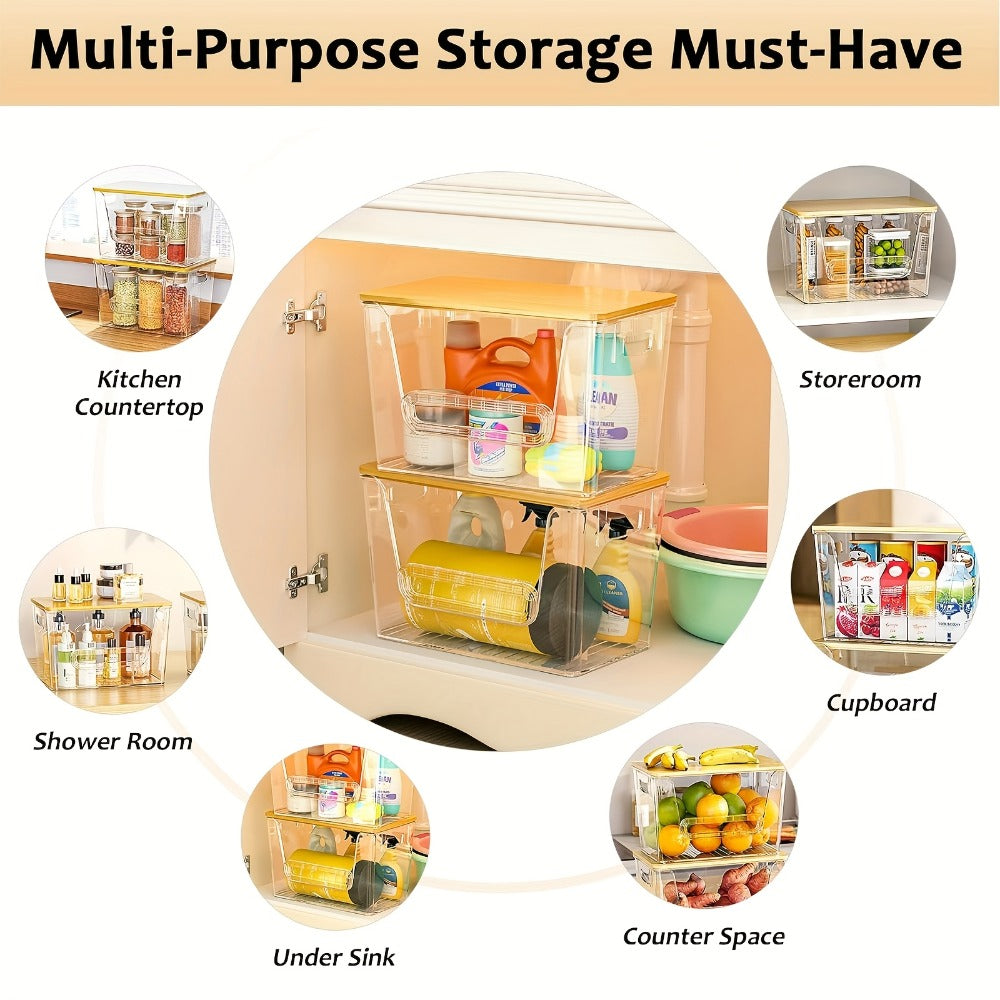 Two-Pack Clear Stackable Pantry Storage Bins with Bamboo Tops, Front Openings and Side Handles