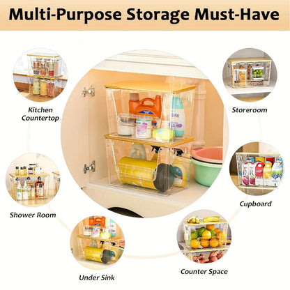 Two-Pack Clear Stackable Pantry Storage Bins with Bamboo Tops, Front Openings and Side Handles