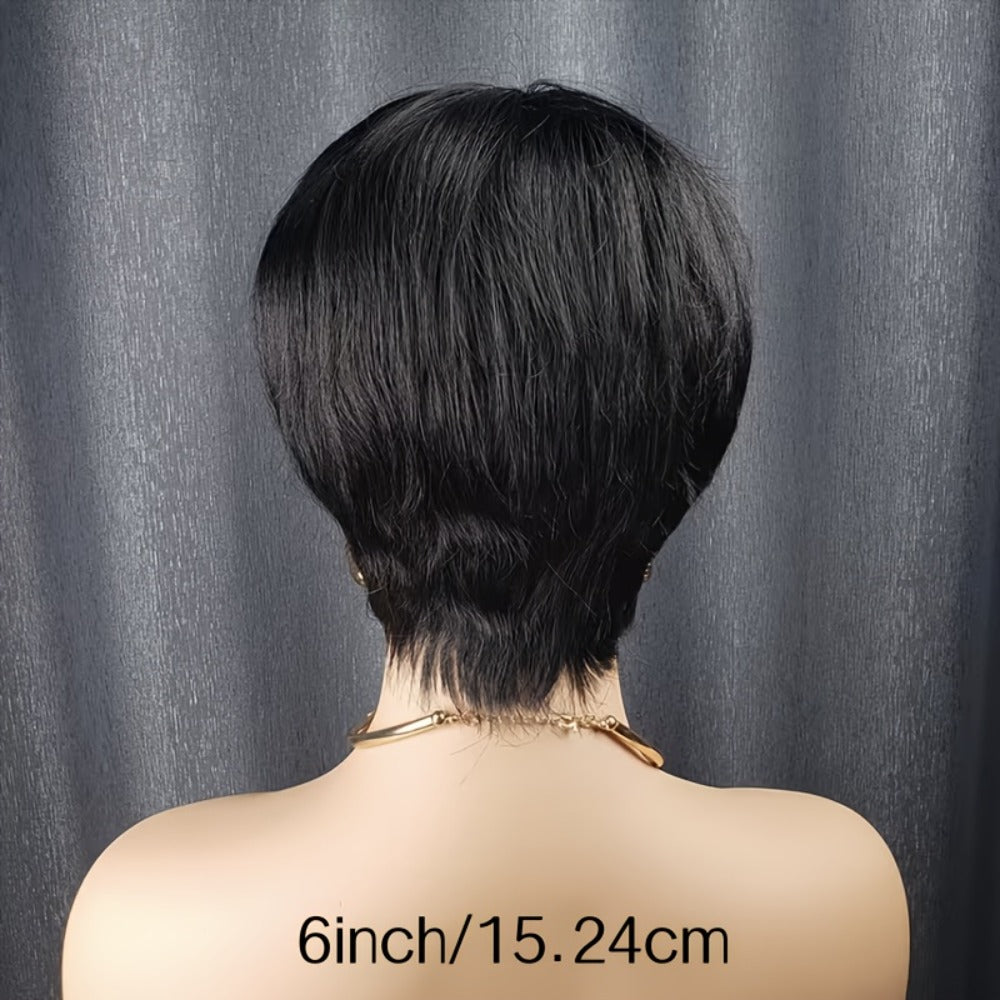 6-Inch Pixie Cut Human Hair Wig with Full Bangs, 180% Density and Black or Burgundy Color Selections