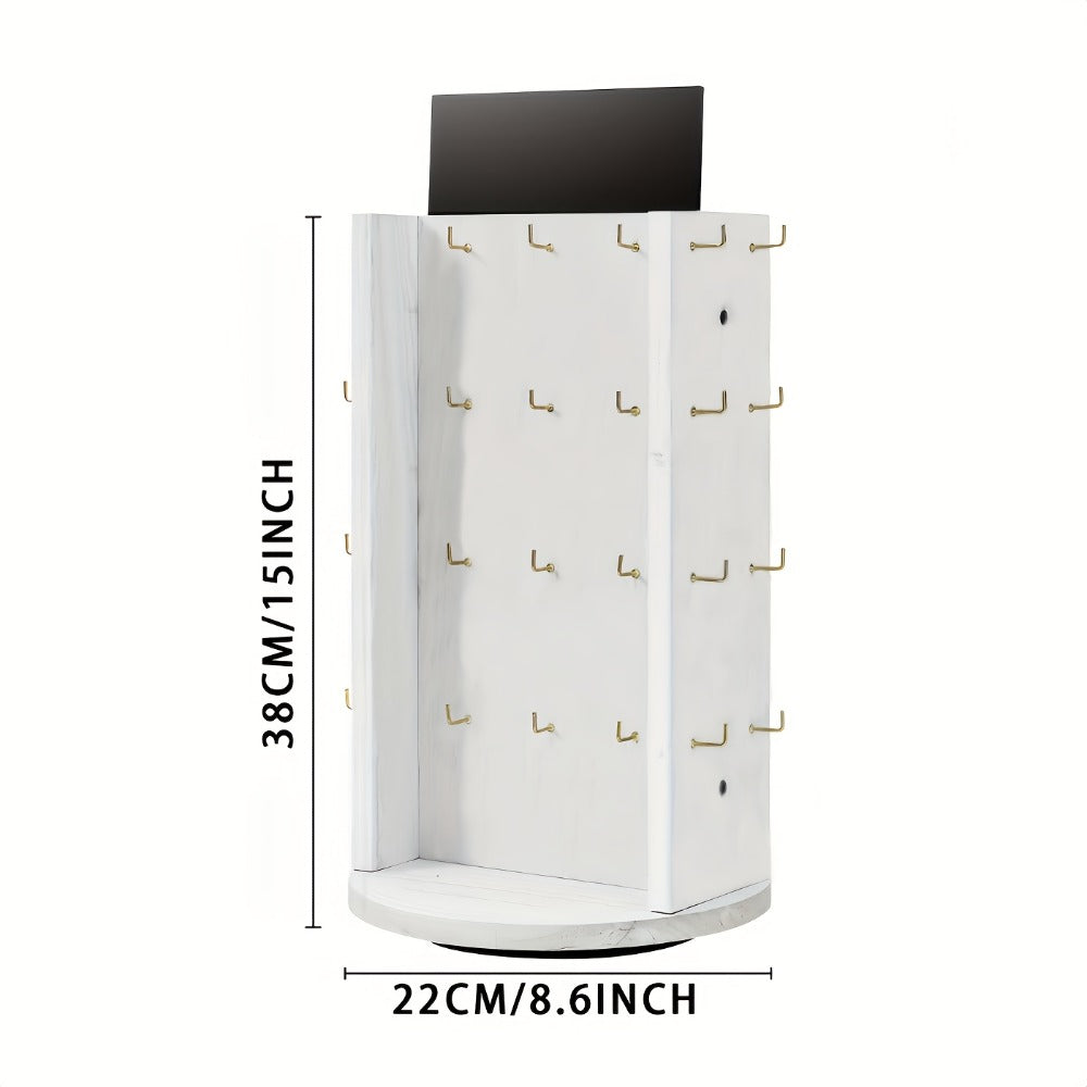 Jewelry Organizer Rotating White Display Tower with 40 Hooks and Top Sign Panel for Countertop Use