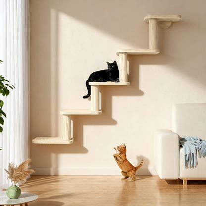 Wall-Mounted Cat Tree 5 Layers Solid Wood Indoor Cat Climbing Frame Jumping Platform Ladder Space-Saving for Small Spaces Multi-Cat Homes Living Room Bedroom Balcony