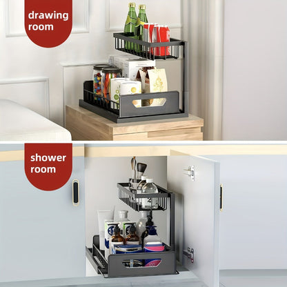 Two-Tier Pull-Out Cabinet Organizer with Upper and Lower Sliding Trays in Grey, Black or White Package Options