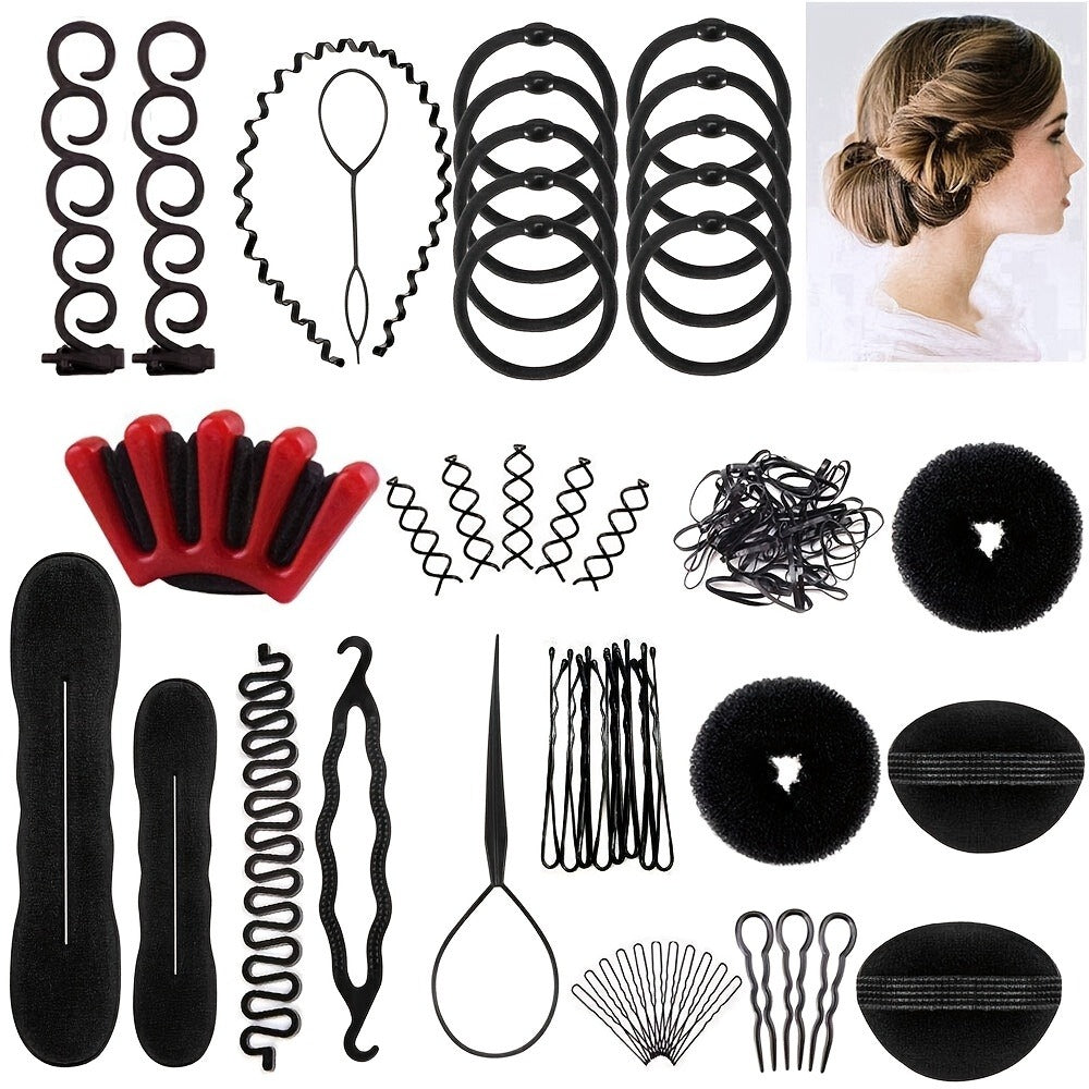 Fifty-One-Piece Hair Styling Accessory Set with Bun Forms, Braiding Loops, Clips and Pins Pictured