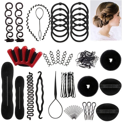 Fifty-One-Piece Hair Styling Accessory Set with Bun Forms, Braiding Loops, Clips and Pins Pictured