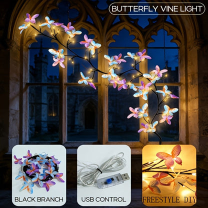 Butterfly Branch String Lights – 30 LED Vine Fairy Lights with Artificial Purple-Blue Butterflies, 8 Lighting Modes, USB Powered Warm White, Boho Wall Decor for Bedroom Wedding Birthday Party Festival