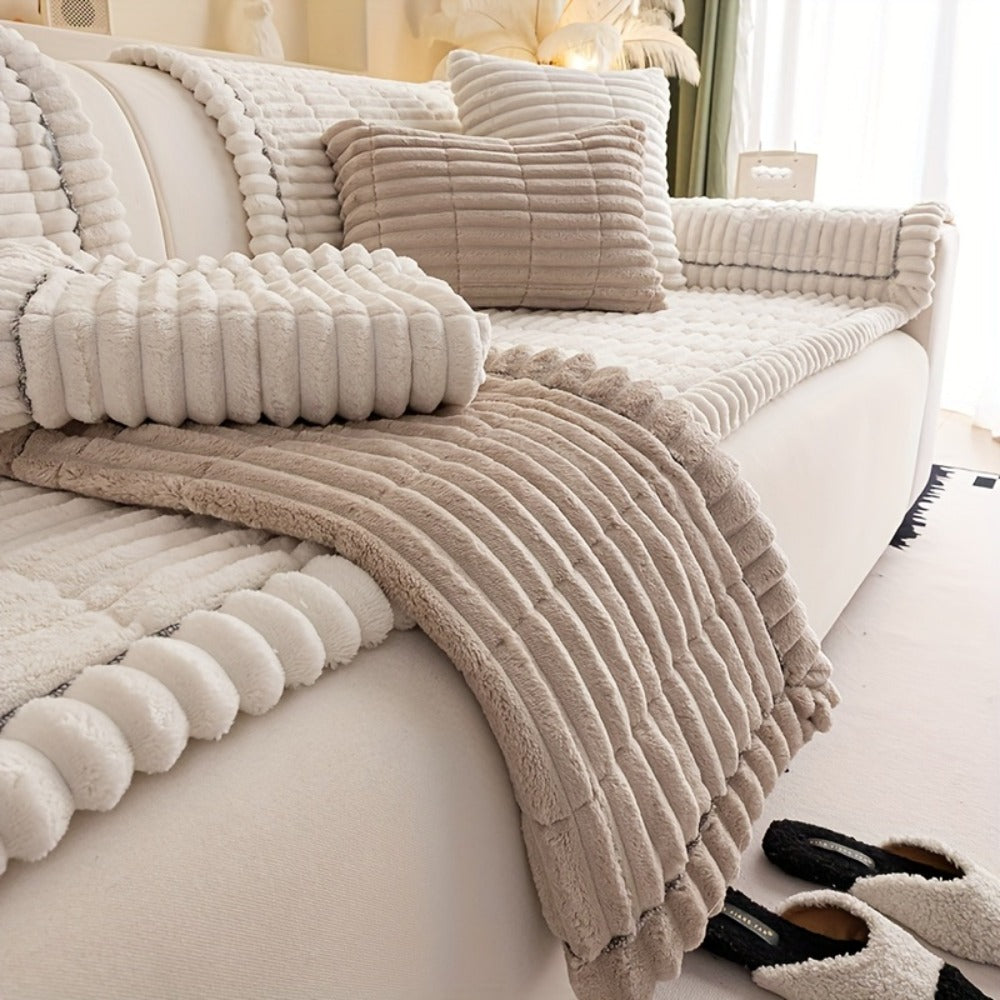 Wavy-Edge Plush Sofa Cushion Cover in Four Colors with Single-, Two-, Three- or Four-Seat Sizes
