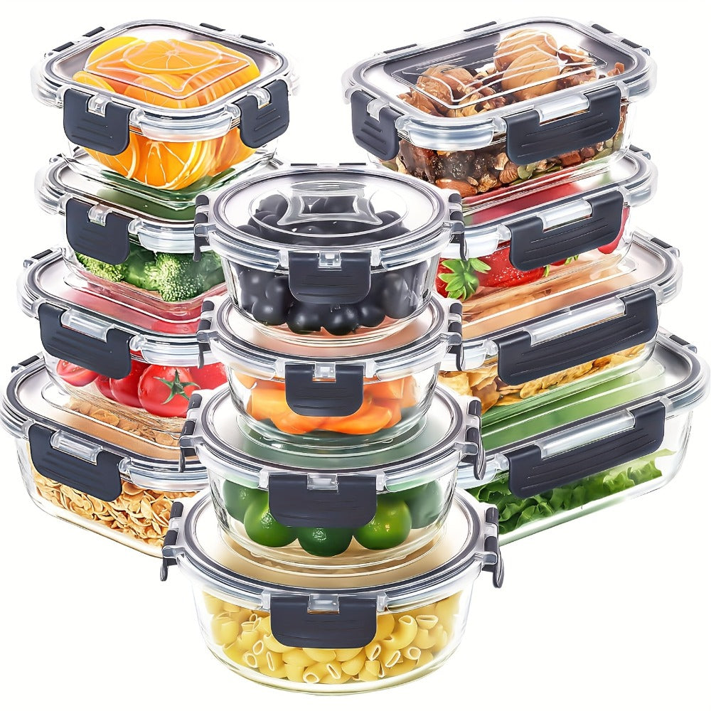 12-Piece Glass Food Container Set with Six Assorted Containers and Black- or Pink-Accent Clip Lids