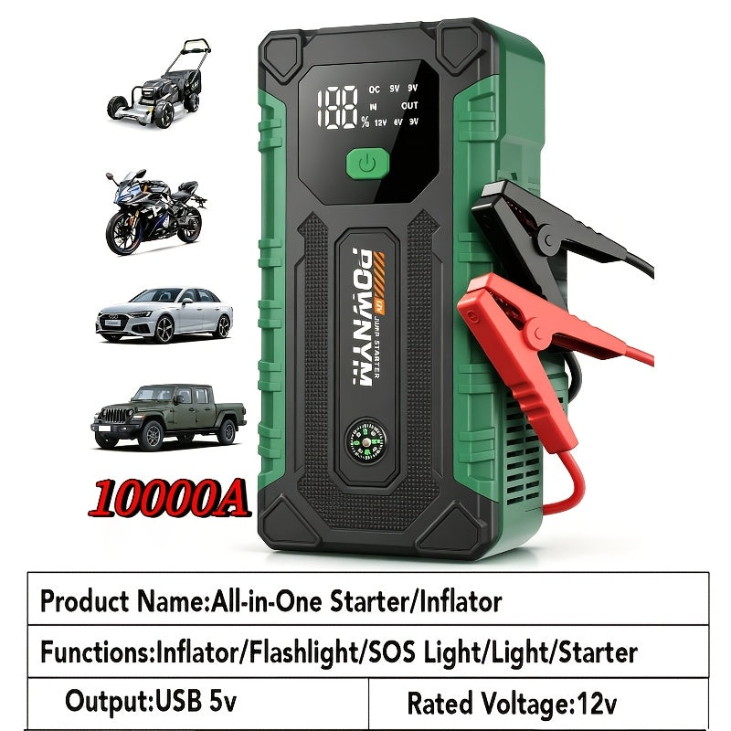 Portable Car Jump Starter 10000A – 9-in-1 Battery Booster with 350PSI Tire Inflator, LED Light, USB-C Fast Charging, Power Bank for 12V Gas & Diesel Vehicles, Emergency Car Tool
